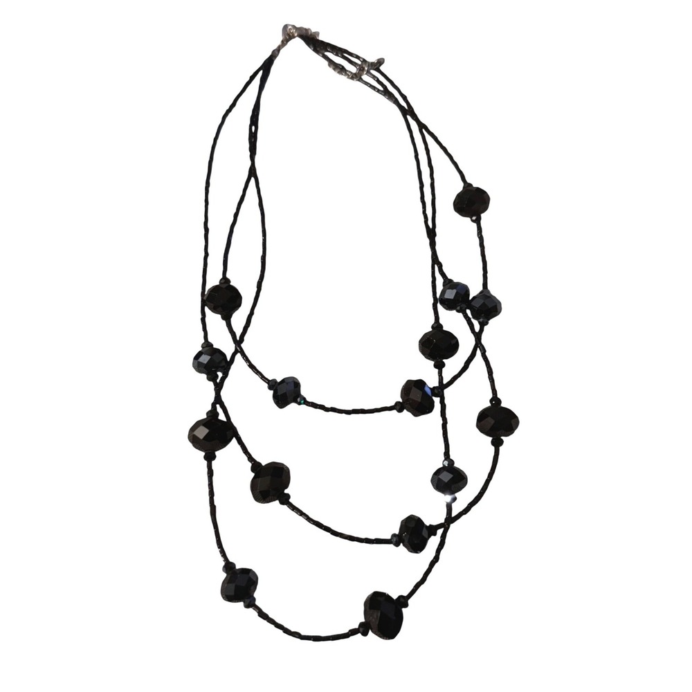 Black Multi Strand Beaded Layered Necklace Faceted Statement Jewelry Adjustable